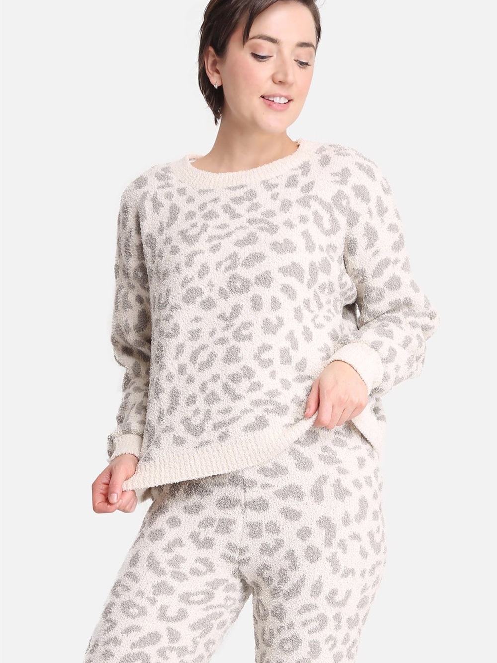 Cozy Ivory & Gray Leopard Crew Neck Sweater and Pants Lounge Set